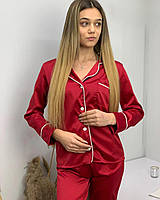 Яскрава легка шовкова жіноча піжама рубашка та штани червона