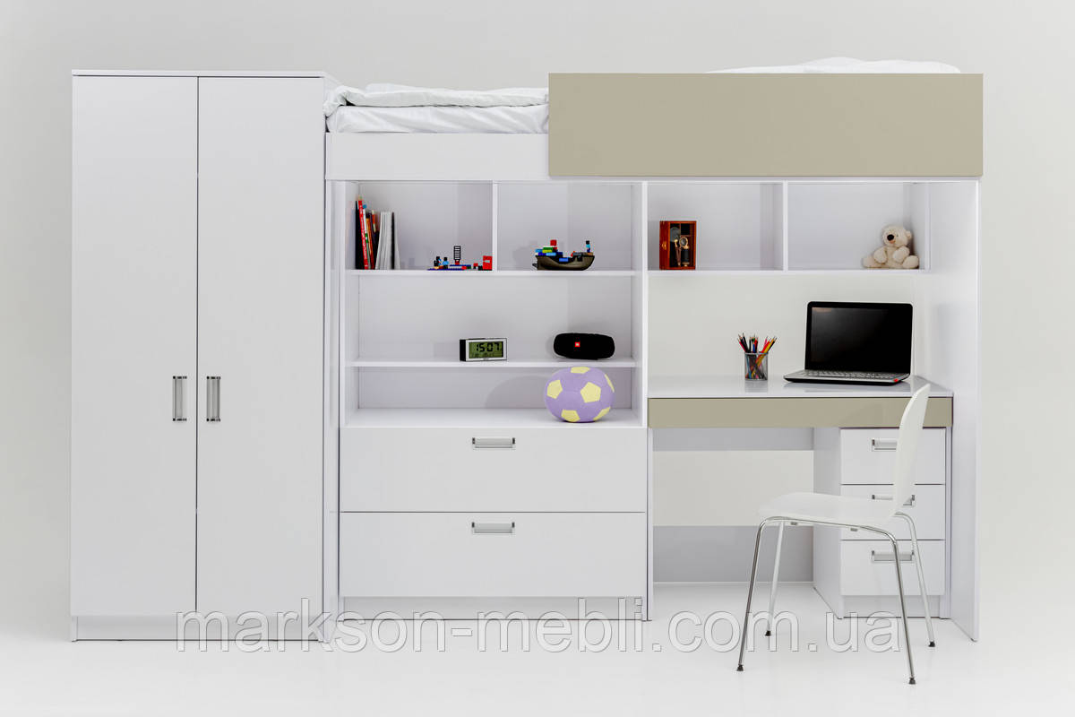 Ліжко двоярусне з письмовим столом, комодом та шафою для одягу MS715 у кольорі шампань сатин