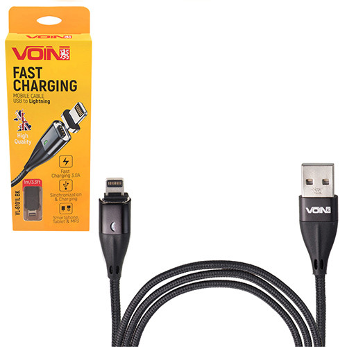 Кабель магнітний VOIN USB - Lightning 3А, 2m, black (швидка зарядка / передача даних)