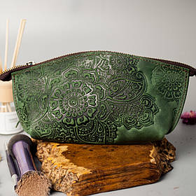 Шкіряна косметичка з тисненням Квітковий Сад зелена