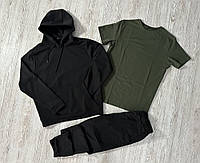 Чоловічий комплект 3 в 1 демісезонний базовий спортивний костюм чорний худі + чорні штани + футболка хакі