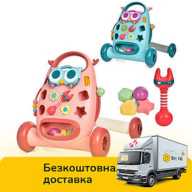 Дитячі ходунки каталки штовхачі (2 кольори, сортер, рухомі деталі, музика, світло, брязкальце) K5