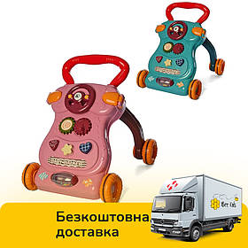 Дитячі каталка-ходунки штовхачі (2 кольори, кермо, шестерні, сортер, музика, на батарейках) 689-1-2