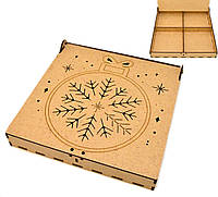 Коробка з 4 Осередками 21х21х3см Подарункова Упаковка із МДФ Крафтова Дерев'яна Коробочка для Подарунка Сніжинка