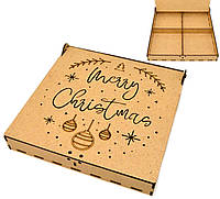 Коробка с 4 Ячейками 21х21х3см Подарочная Упаковка МДФ Крафтовая Деревянная Коробочка для Подарка Merry Christ