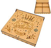 Коробка с 4 Ячейками 21х21х3см Подарочная Упаковка МДФ Крафтовая Деревянная Коробочка Подарка Happy Birthday