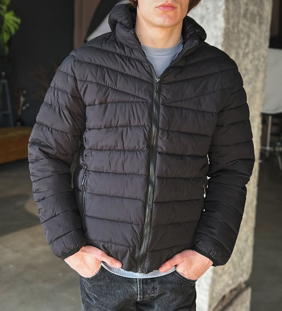 Куртка чоловіча стьобана весняна весна-осінь зі знімним капюшоном Туреччина чорна. Живе фото, фото 1