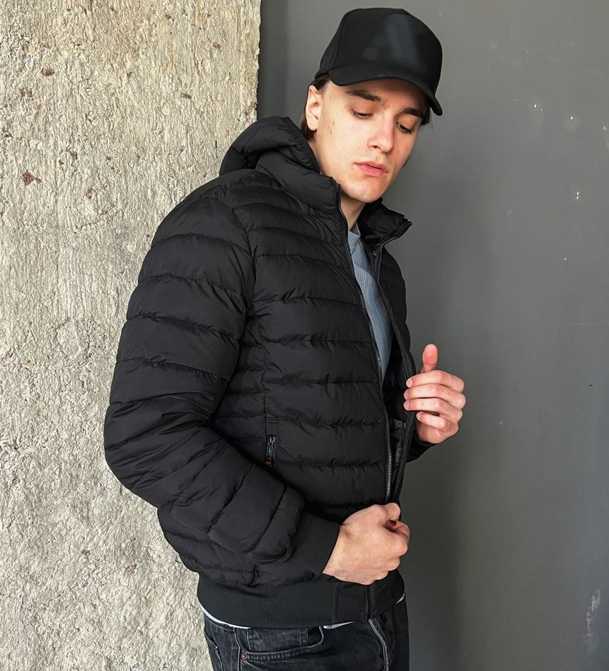 Куртка чоловіча стьобана весняна весна-осінь з манжетом Туреччина чорна. Живе фото, фото 1