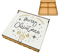 Коробка на 4 Осередки 21х21х3см Подарункова Упаковка з ЛДВП Дерев'яна Біла Коробочка для Подарунок Merry Christmas