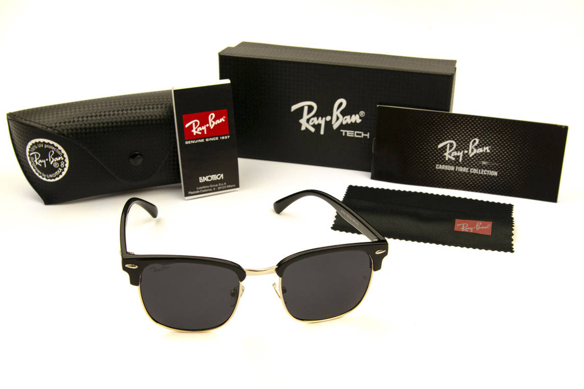 Сонцезахисні окуляри RAY BAN Clubmaster поляризаційні UV400 (арт. P7927) чорні/чорні завушники, фото 1