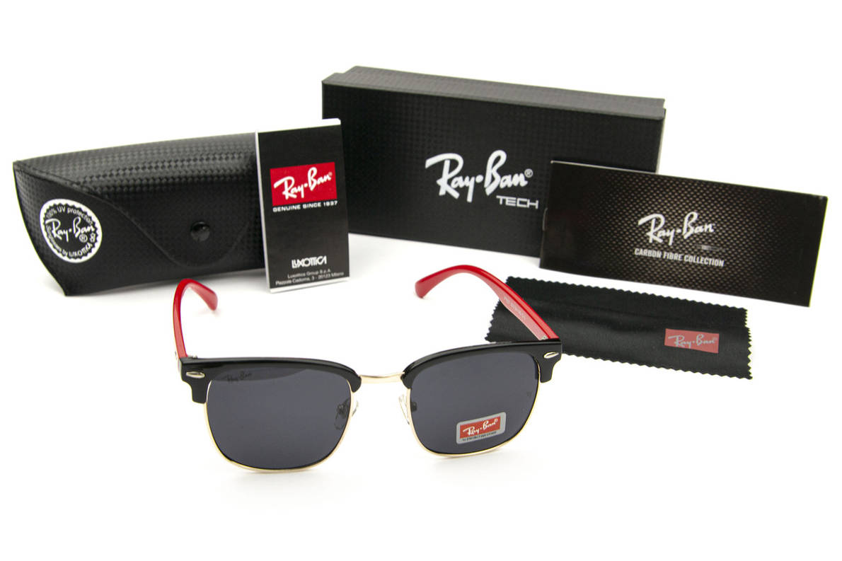 Сонцезахисні окуляри RAY BAN Clubmaster поляризаційні UV400 (арт. P7927) чорні/червоні завушники, фото 1