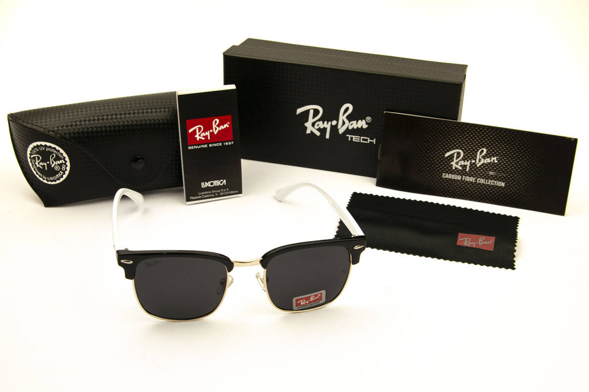 Сонцезахисні окуляри RAY BAN Clubmaster поляризаційні UV400 (арт. P7927) чорні/білі завушники, фото 1