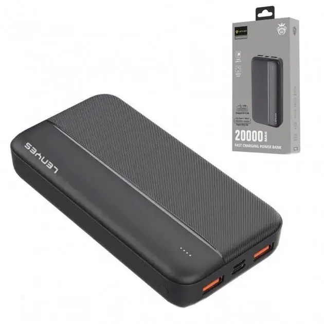 Внешний аккумулятор повербанк power bank Lenyes PX263 20000mAh компактный универсальный на 2 входа Черный, фото 2