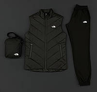 Мужской черный костюм The North Face с жилеткой демисезонный ,Спортивный TNF комплект Жилет + Штаны + Барсетка