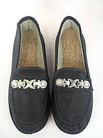 Туфли женские Лоферы на низком ходу на меху Черные с украшением размер 36