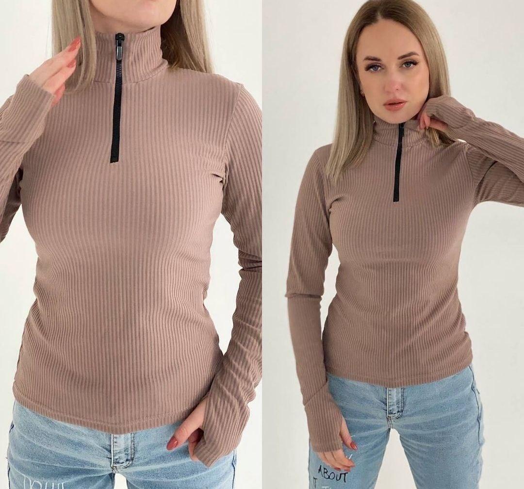 Кофта в рубчик з блискавкою і рукавами мітенки, фото 1