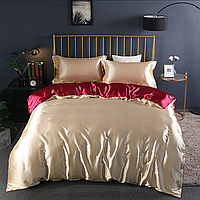 Бордо + золото Двухцветное элитное Атласное постельное белье Полуторное 1,5