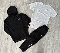 Костюм спортивный мужской Under Armour черный демисезонный ,Комплект Андер Армор Худи + Штаны + Футболка белая