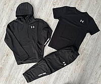 Костюм спортивный мужской Under Armour черный демисезонный ,Комплект Андер Армор Худи + Штаны +Футболка черная