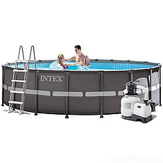 Басейн каркасний для дачі Intex 26330 Збірний круглий басейн Інтенекс + сходи, фільтр, тент, підкладка, фото 4