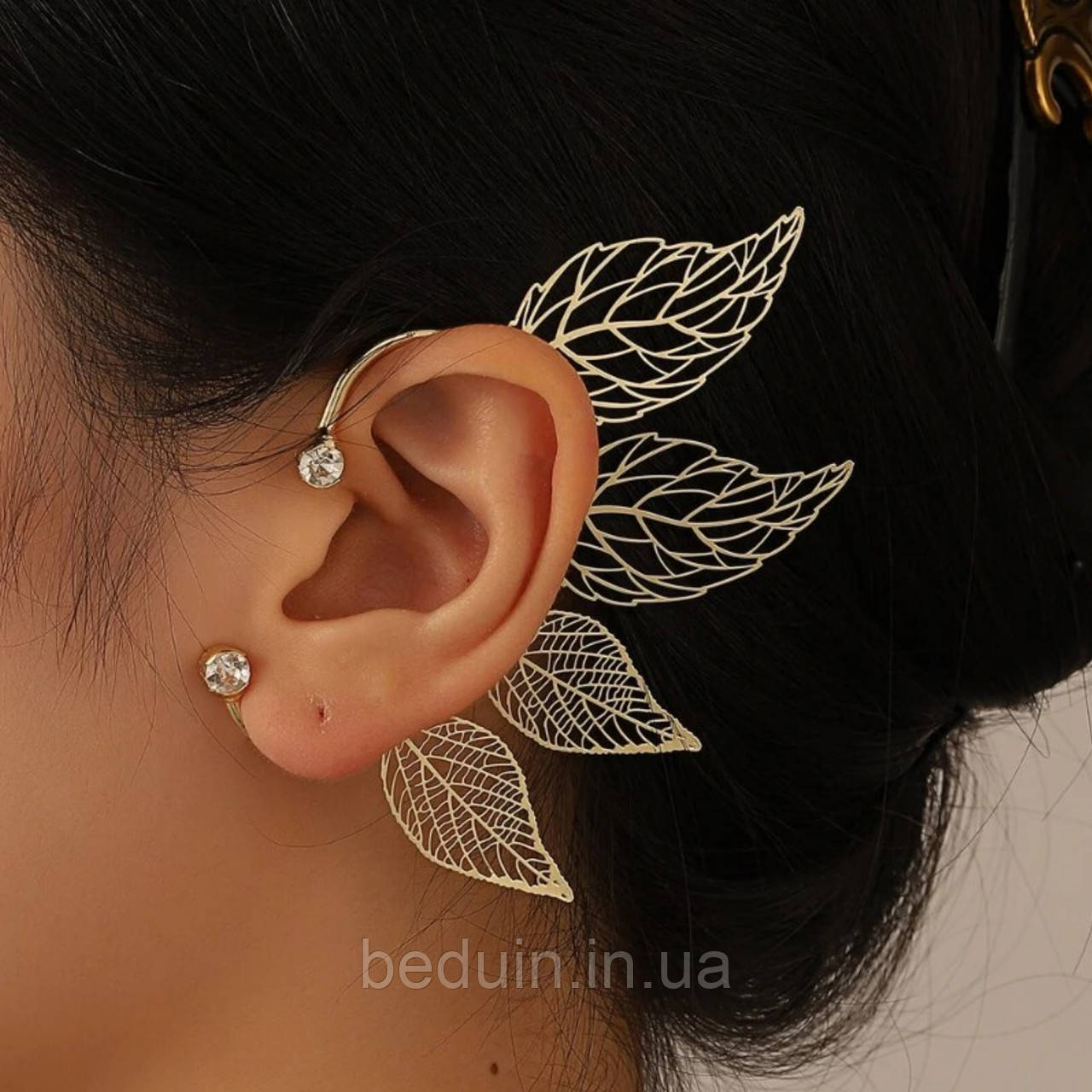 Антична моно Сережка-Кафф Кліпс "Листик" золотистий — на ліве або праве Aushal JEWELRY