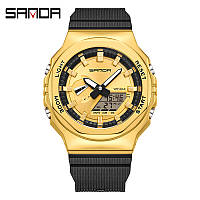 Багатофункціональний цифровий повсякденний водонепроникний до 50 м годинник Sanda 3167 Gold