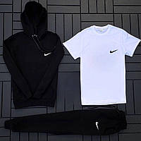 Спортивный костюм мужской весна осень Найк / комплект черный худи + белая футболка + черные штаны Nike