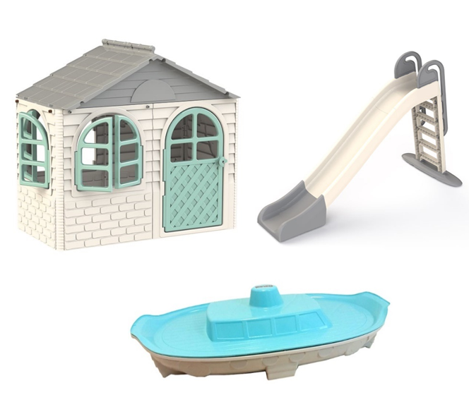 АКЦІЯ НАБІР Дитячий ігровий пластиковий будиночок зі шторками, велика пластикова гірка та пісочниця ТМ Doloni, фото 1