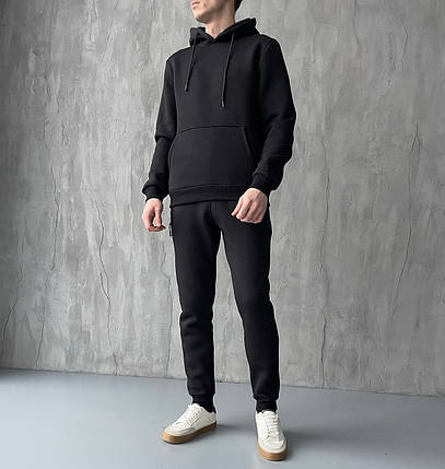 M,L,XL,2XL. Утеплений чоловічий спортивний костюм з капюшоном, трикотаж трьохнитка - чорний, фото 1