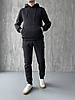 M,L,XL,2XL. Утеплений чоловічий спортивний костюм з капюшоном, трикотаж трьохнитка - чорний, фото 3