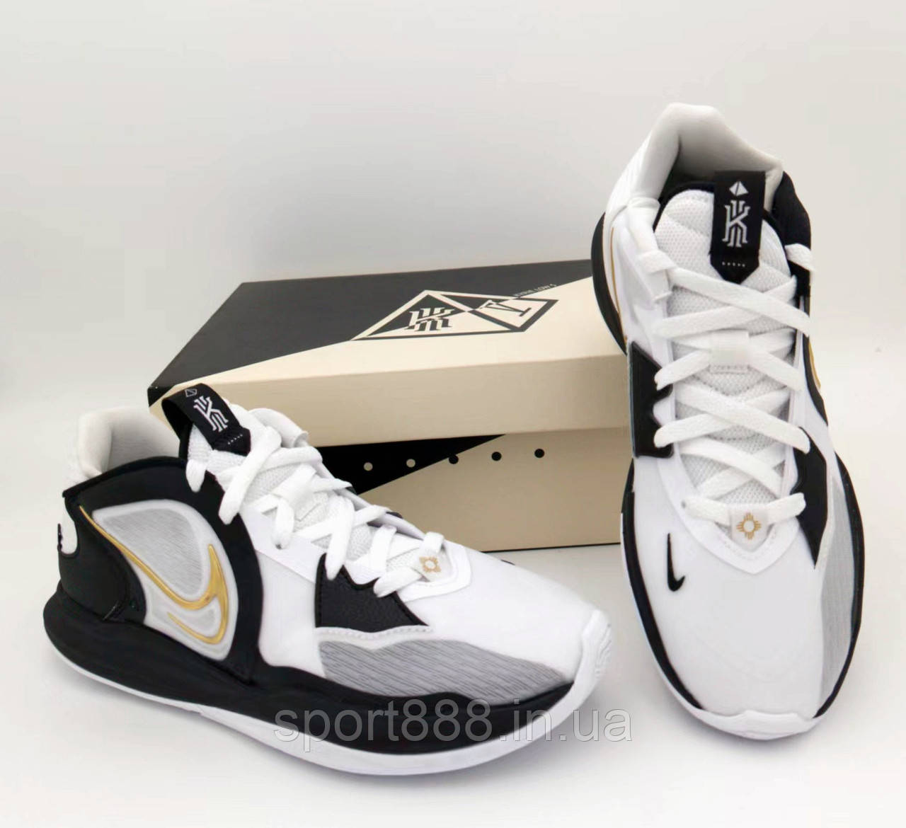 Eur36-45 Nike Kyrie 5 Low White/Metallic Gold-Black Кайрі баскетбольні кросівки біло-чорні, фото 1
