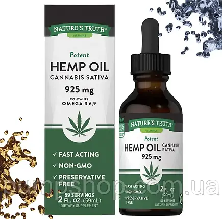 Конопляна олія + Омега 3, 6, 9 Nature’s Truth Hemp Oil Cannabis sativa 925 мг 59 мл (уцінка термін по 8.23), фото 2