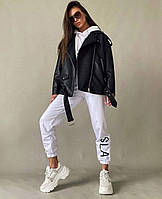 Женская куртка косуха черная кожаная экокожа кожзам удлинённая молодёжная размер 42-44-46-48