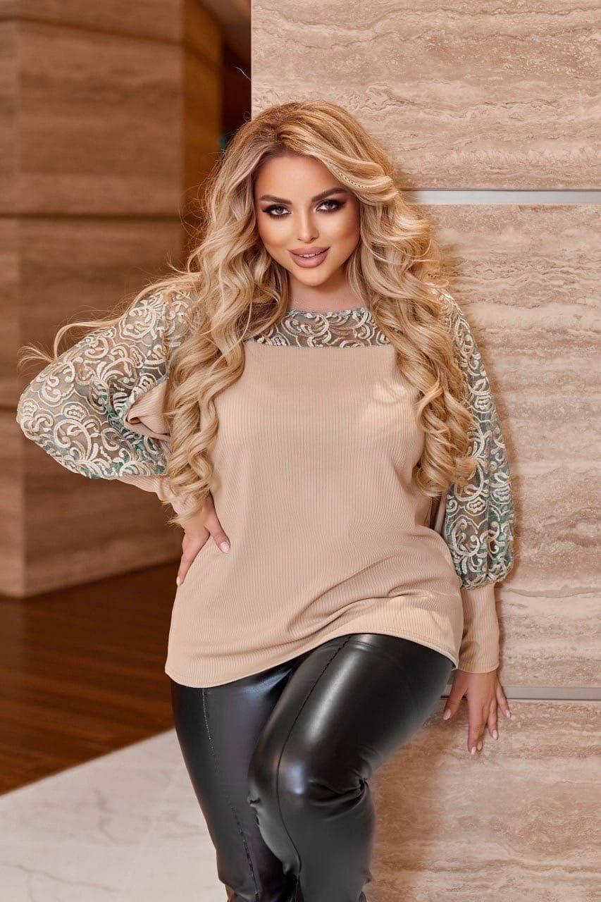 Стильна кофточка трикотаж вставки сітки з оксамитовим малюнком розміри батал