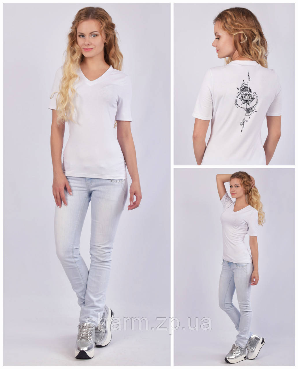 Жіноча футболка з V - подібним вирізом (мисик), авторський принт - лотос, біла