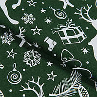 Тканина панама новорічна для столової білизни олені зелена