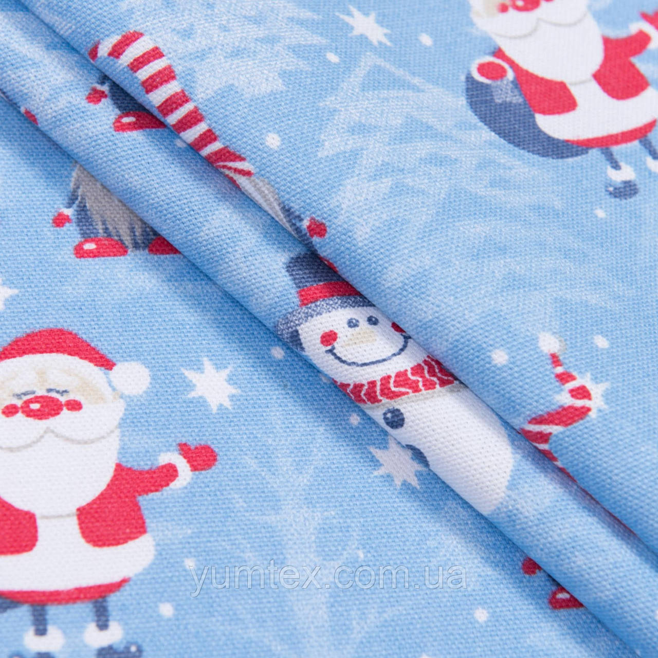Тканина панама новорічна для столової білизни Діди Морози гноми на блакитному фоні