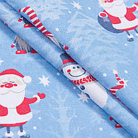 Ткань панама новогодняя для столового белья Деды Морозы гномы на голубом фоне