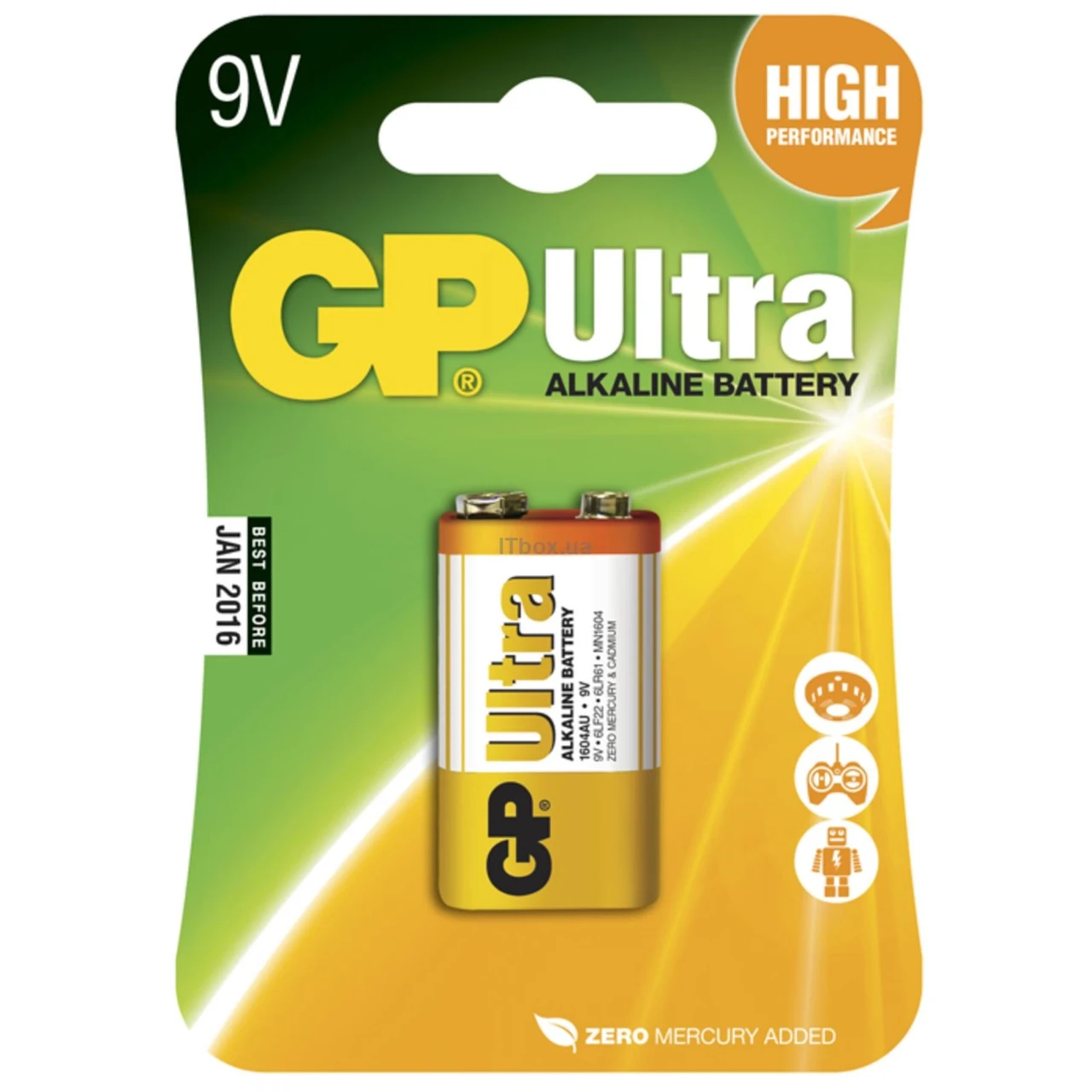 Батарейка крона GP ULTRA ALKALINE, 9V 1604AU-5UE1 6LF22