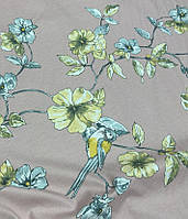 Тканина тефлон бавовна для шторських штор скатертини жовті квіти та птахи фон рожева пудра