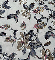 Ткань хлопковая для штор скатерти бежевые цветы серо голубые листья