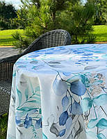 Скатерть тефлоновая круглая листья эвкалипт голубые