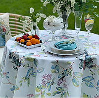 Скатерть круглая тефлоновая птички и бирюзовые веточки