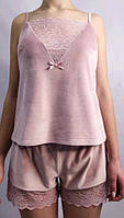 Пижама женская c шортами велюровая с кружевом SHATO 2115 Pudra M