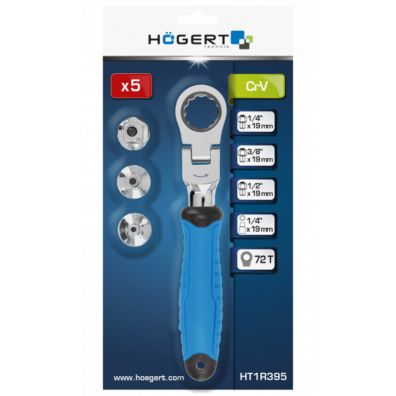 Ключ з трищіткою та шарніром, зі змінними адаптерами HOEGERT 1/2". 3/8" 1/4" (HT1R395)