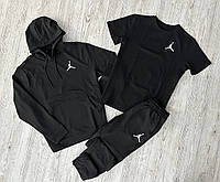Костюм спортивный мужской Jordan черный демисезонный двунитка ,Комплект Джордан Худи + Штаны + Футболка черная