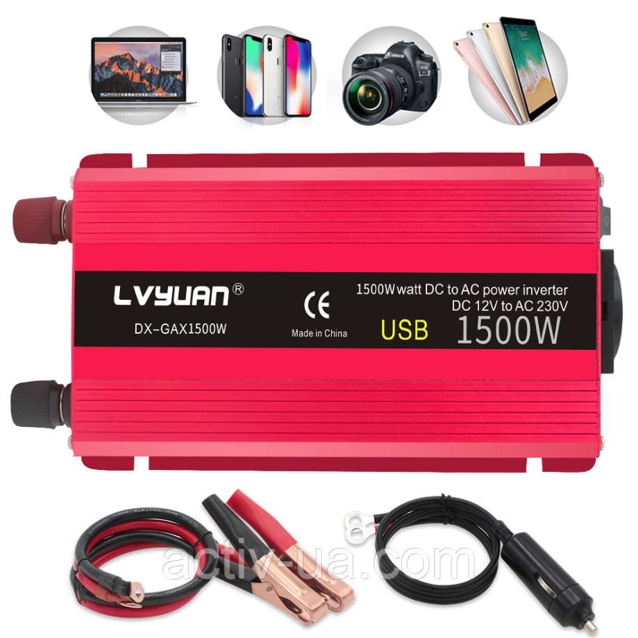 Автомобільний інвертор LVYUAN F-1500A з 2 USB портами, 750/1500Вт, 12-220В DC-AC, 50Hz