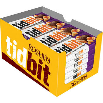 Шоколад молочний Roshen TIDBIT з нугою і м'якою карамеллю з арахісом 24шт