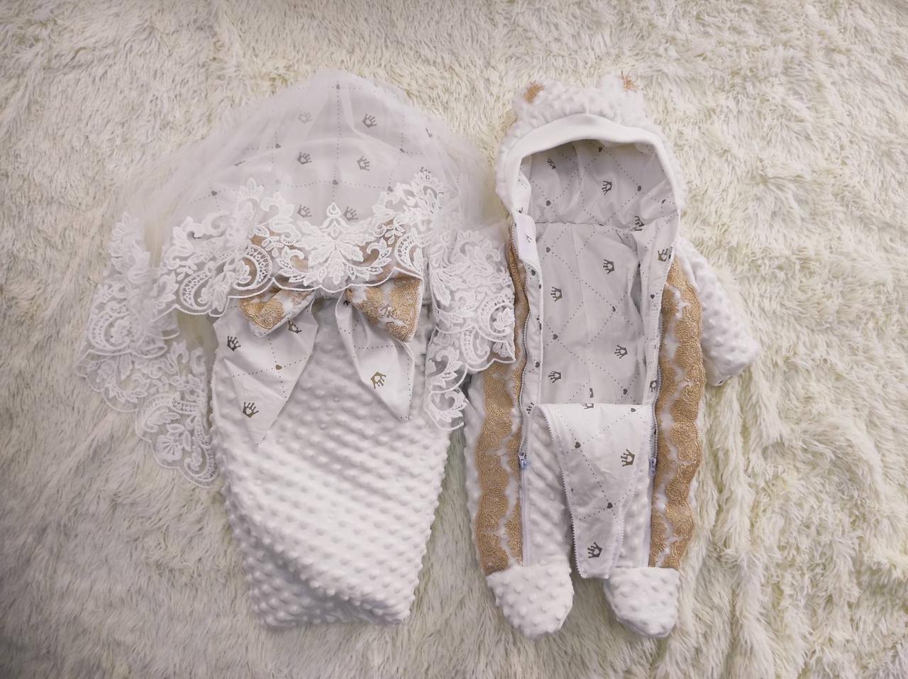 Демісезонний конверт + комбінезон на виписку, плюшевий з мереживом, бежевий, фото 1