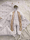 Демісезонний конверт + комбінезон на виписку, плюшевий з мереживом, бежевий, фото 5